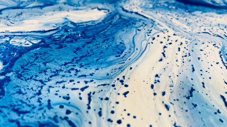 Close Up Colorful Blue and White Colors Fluid Pouring Abstract Art Acrylic Painting Texture Backgroundの写真素材