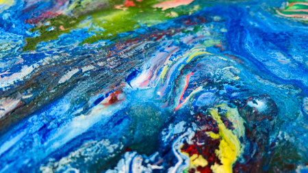 Close Up Colorful Fluid Pouring Abstract Art Acrylic Painting Texture Backgroundの写真素材