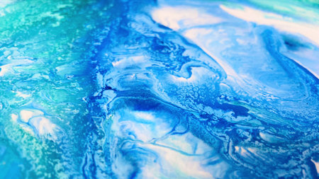 Close Up Colorful Blue Green White Colors Fluid Pouring Abstract Art Acrylic Painting Texture Backgroundの写真素材