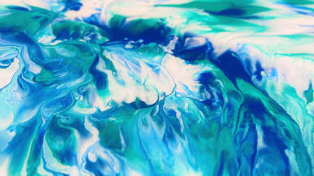 Close Up Colorful Blue Green White Colors Fluid Pouring Abstract Art Acrylic Painting Texture...