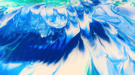 Close Up Colorful Blue Green White Colors Fluid Pouring Abstract Art Acrylic Painting Texture...