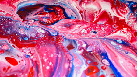 Close Up Colorful Red Blue White Colors Fluid Pouring Abstract Art Acrylic Painting Texture Backgroundの写真素材