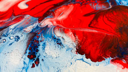 Close Up Colorful Red Blue White Colors Fluid Pouring Abstract Art Acrylic Painting Texture Backgroundの写真素材