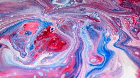 Close Up Colorful Red Blue White Colors Fluid Pouring Abstract Art Acrylic Painting Texture Backgroundの写真素材