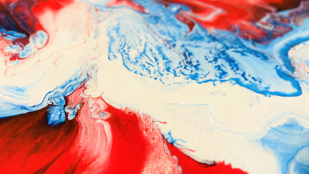 Close Up Colorful Red Blue White Colors Fluid Pouring Abstract Art Acrylic Painting Texture Backgroundの写真素材