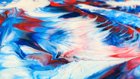 Close Up Colorful Red Blue White Colors Fluid Pouring Abstract Art Acrylic Painting Texture Backgroundの写真素材