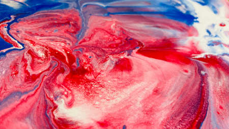 Close Up Colorful Red Blue White Colors Fluid Pouring Abstract Art Acrylic Painting Texture Backgroundの写真素材