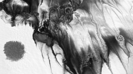 Close Up Black and White Colors Fluid Pouring Abstract Art Acrylic Painting Texture Backgroundの写真素材