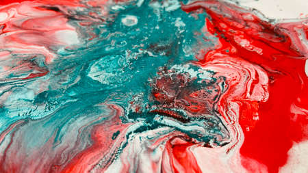 Close Up Colorful Red Green White Colors Fluid Pouring Abstract Art Acrylic Painting Texture...