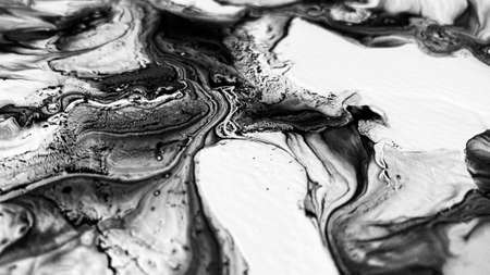 Close Up Black and White Colors Fluid Pouring Abstract Art Acrylic Painting Texture Background