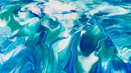 Close Up Colorful Blue Green White Colors Fluid Pouring Abstract Art Acrylic Painting Texture Backgroundの写真素材