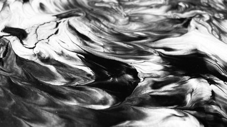 Close Up Black and White Colors Fluid Pouring Abstract Art Acrylic Painting Texture Backgroundの写真素材