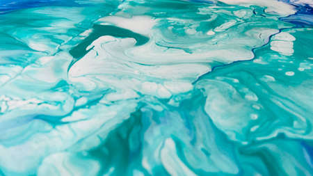 Close Up Colorful Blue Green White Colors Fluid Pouring Abstract Art Acrylic Painting Texture Backgroundの写真素材
