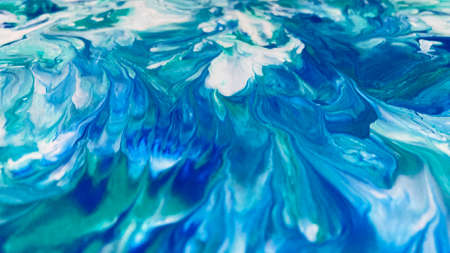 Close Up Colorful Blue Green White Colors Fluid Pouring Abstract Art Acrylic Painting Texture Backgroundの写真素材