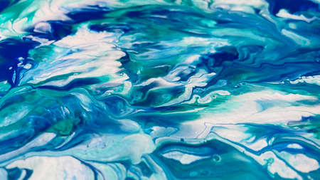 Close Up Colorful Blue Green White Colors Fluid Pouring Abstract Art Acrylic Painting Texture Backgroundの写真素材
