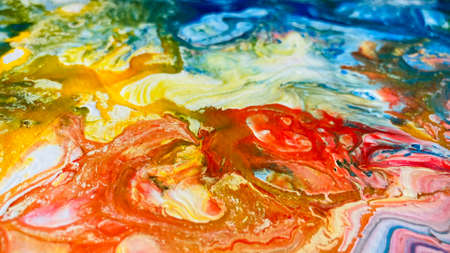 Close Up Colorful Fluid Pouring Abstract Art Acrylic Painting Texture Backgroundの写真素材