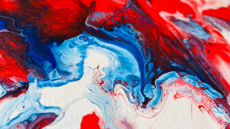 Close Up Colorful Blue Red White Colors Fluid Pouring Abstract Art Acrylic Painting Texture...