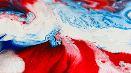 Close Up Colorful Blue Red White Colors Fluid Pouring Abstract Art Acrylic Painting Texture Backgroundの写真素材