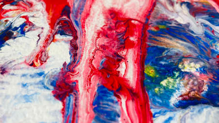 Close Up Colorful Blue Red White Colors Fluid Pouring Abstract Art Acrylic Painting Texture Backgroundの写真素材