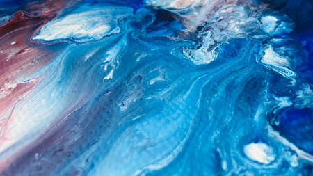 Close Up Colorful Blue Red White Colors Fluid Pouring Abstract Art Acrylic Painting Texture Backgroundの写真素材
