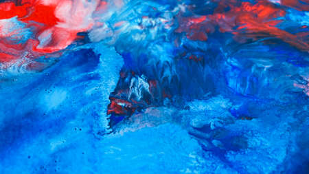 Close Up Colorful Blue Red White Colors Fluid Pouring Abstract Art Acrylic Painting Texture Backgroundの写真素材