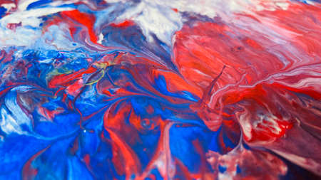 Close Up Colorful Blue Red White Colors Fluid Pouring Abstract Art Acrylic Painting Texture Backgroundの写真素材