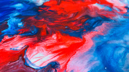 Close Up Colorful Blue Red White Colors Fluid Pouring Abstract Art Acrylic Painting Texture Backgroundの写真素材