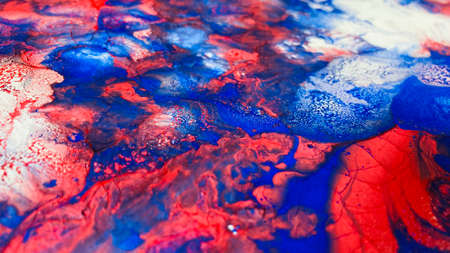 Close Up Colorful Blue Red White Colors Fluid Pouring Abstract Art Acrylic Painting Texture Backgroundの写真素材