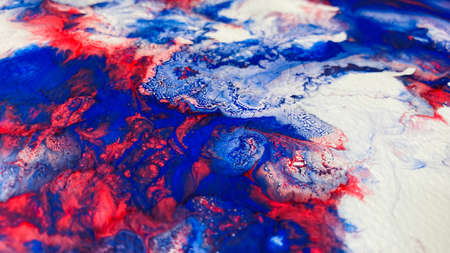 Close Up Colorful Blue Red White Colors Fluid Pouring Abstract Art Acrylic Painting Texture Backgroundの写真素材
