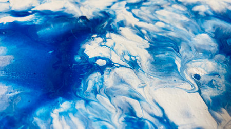 Close Up Colorful Blue and White Colors Fluid Pouring Abstract Art Acrylic Painting Texture Backgroundの写真素材