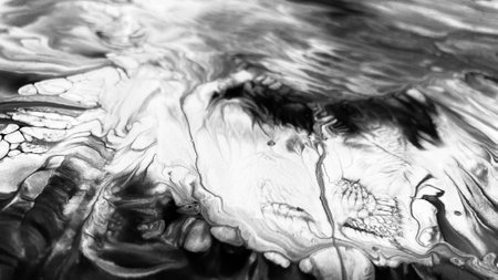 Close Up Black and White Colors Fluid Pouring Abstract Art Acrylic Painting Texture Backgroundの写真素材