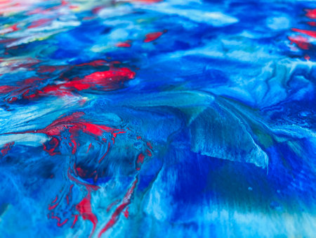 Close Up Colorful Blue and White Colos Fluid Pouring Abstract Art Acrylic Painting Texture Backgroundの写真素材
