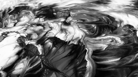 Close Up Black and White Colors Fluid Pouring Abstract Art Acrylic Painting Texture Backgroundの写真素材