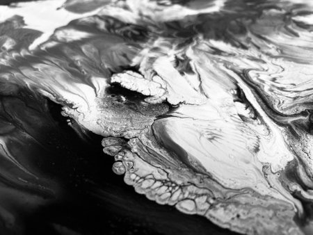 Close Up Black and White Colors Fluid Pouring Abstract Art Acrylic Painting Texture Backgroundの写真素材