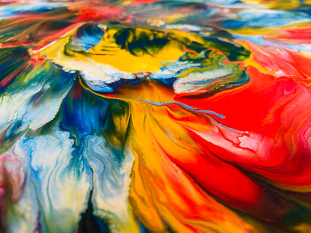 Close Up Colorful Fluid Pouring Abstract Art Acrylic Painting Texture Backgroundの写真素材