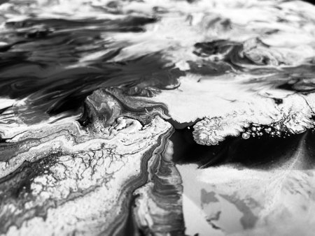 Close Up Black and White Colors Fluid Pouring Abstract Art Acrylic Painting Texture Background