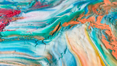 Close Up Colorful Fluid Pouring Abstract Art Acrylic Painting Texture Backgroundの写真素材
