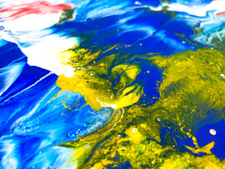 Close Up Colorful Fluid Pouring Abstract Art Acrylic Painting Texture Backgroundの写真素材