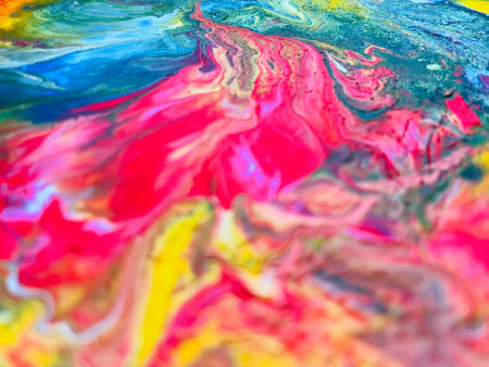 Close Up Colorful Fluid Pouring Abstract Art Acrylic Painting Texture Backgroundの写真素材
