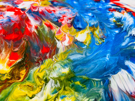Close Up Colorful Fluid Pouring Abstract Art Acrylic Painting Texture Backgroundの写真素材