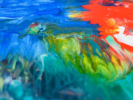 Close Up Colorful Fluid Pouring Abstract Art Acrylic Painting Texture Backgroundの写真素材