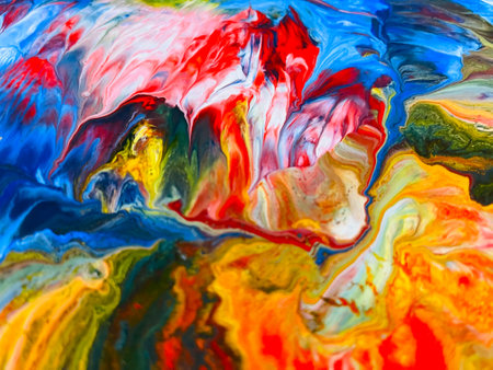 Close Up Colorful Fluid Pouring Abstract Art Acrylic Painting Texture Backgroundの写真素材