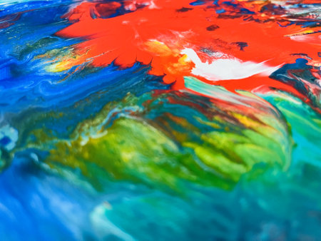 Close Up Colorful Fluid Pouring Abstract Art Acrylic Painting Texture Backgroundの写真素材