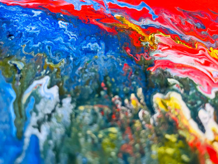 Close Up Colorful Fluid Pouring Abstract Art Acrylic Painting Texture Backgroundの写真素材