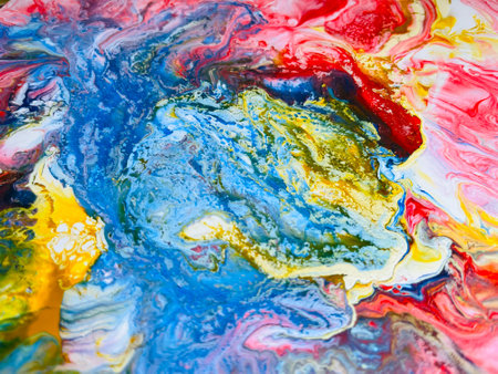 Close Up Colorful Fluid Pouring Abstract Art Acrylic Painting Texture Backgroundの写真素材