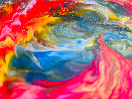 Close Up Colorful Fluid Pouring Abstract Art Acrylic Painting Texture Backgroundの写真素材