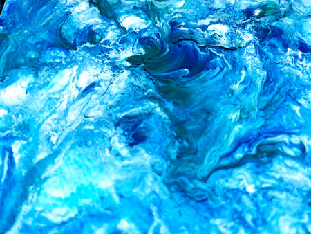 Close Up Colorful Blue Green White Colors Fluid Pouring Abstract Art Acrylic Painting Texture...