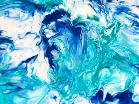 Close Up Colorful Blue Green White Colors Fluid Pouring Abstract Art Acrylic Painting Texture Backgroundの写真素材