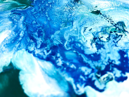 Close Up Colorful Blue Green White Colors Fluid Pouring Abstract Art Acrylic Painting Texture Backgroundの写真素材