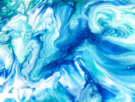 Close Up Colorful Blue Green White Colors Fluid Pouring Abstract Art Acrylic Painting Texture Backgroundの写真素材